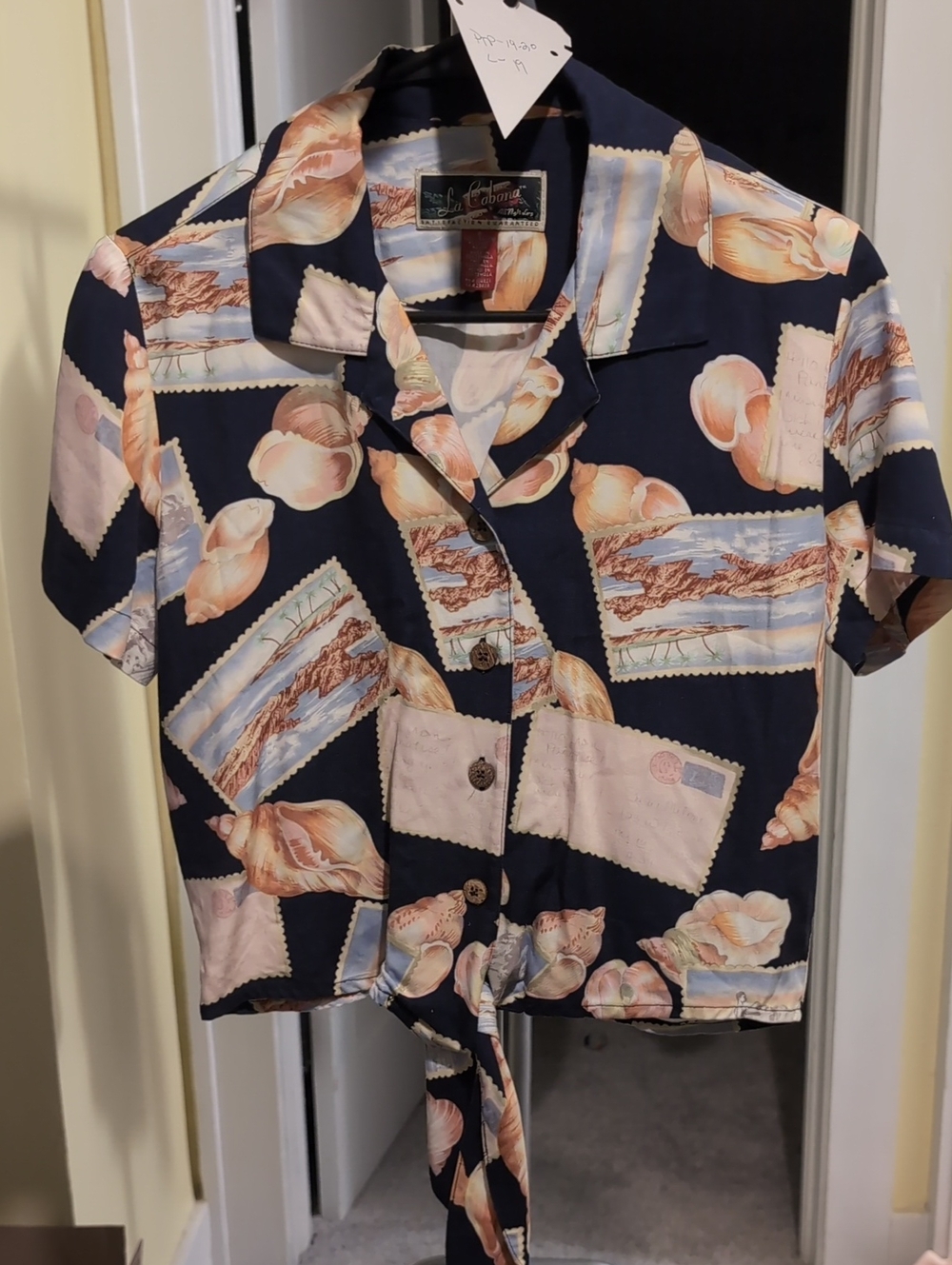 Navy Shell-Print Tie-Front Button-Down Shirt